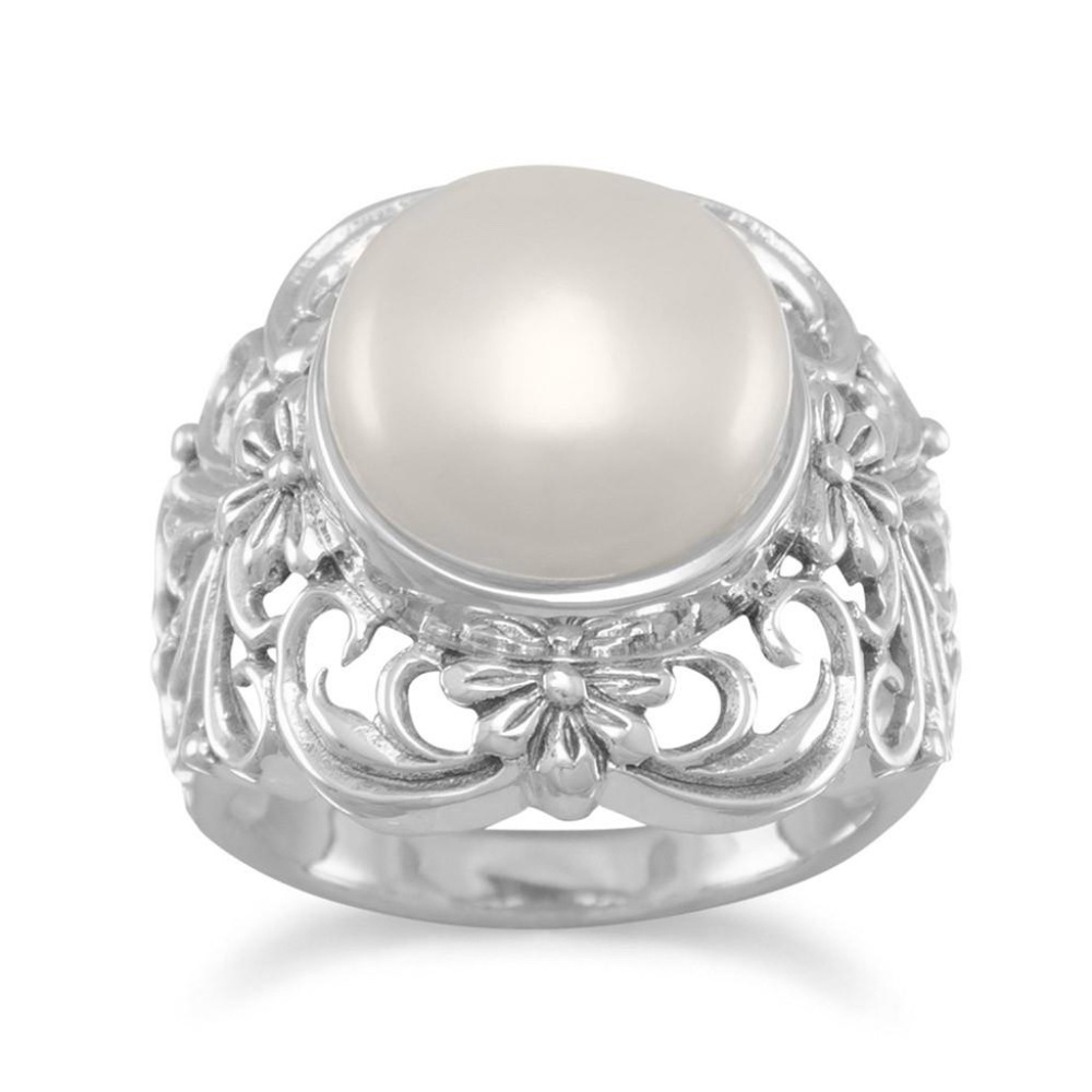 New! Ornate Freshwater  Button Pearl Ring .925